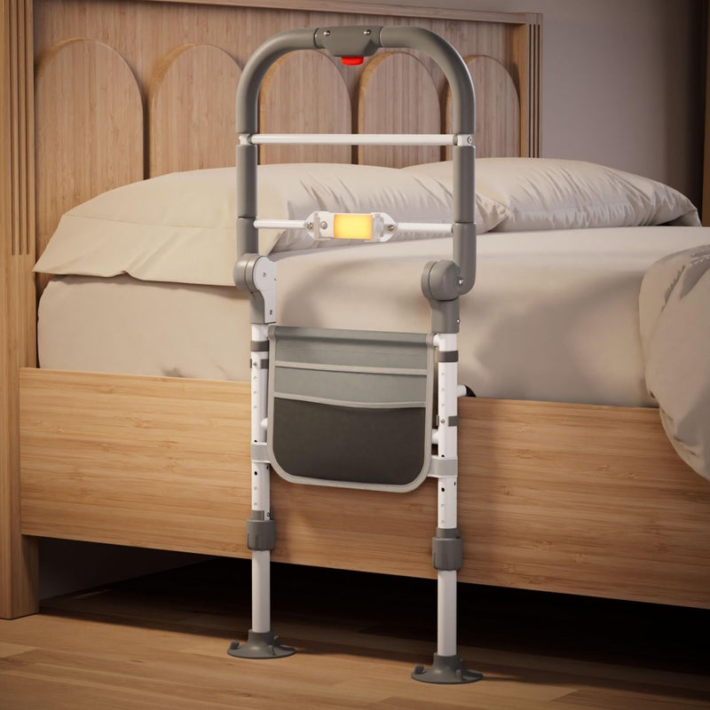 ONTHEWEI Bed Rails for Elderly Adults Safety Foldable Bed Assist Rail with Adjustable Height NonSlip Handle Motion Sensor Light Storage Pouch Fits King Queen Full Twin Beds Supports 350 LBS